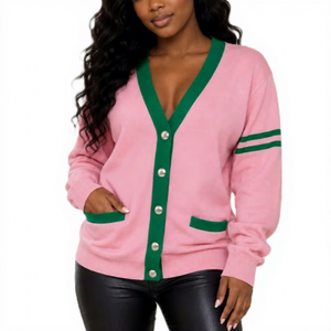 <b>Women</b> High Quality Sorority <b>Cardigan</b> <b>Sweater</b> Eco Friendly Stylish Breathable Acrylic V-neck Double Breasted Pink Green Contrast - Product Image 2