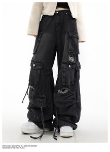Pantalones Vaqueros de Mezclilla Negros <span class=keywords><strong>Cargo</strong></span> Rotos Estilo Y2K Desgastados Holgados de Pierna Ancha Recta con Ocho Múltiples Bolsillos para <span class=keywords><strong>Mujer</strong></span> - Product Image 2