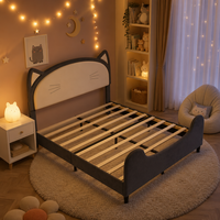 Lit plateforme rembourré en velours pour chambre d'enfant, avec oreilles de chat mignonnes, tête de lit et pied de lit à thème dessin animé, et sommier à lattes