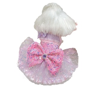 Robe de princesse pour animaux de compagnie, en polyester uni rose, avec nœud à paillettes, jupe bouffante, vêtements pour chien, mode quatre saisons - Product Image 5