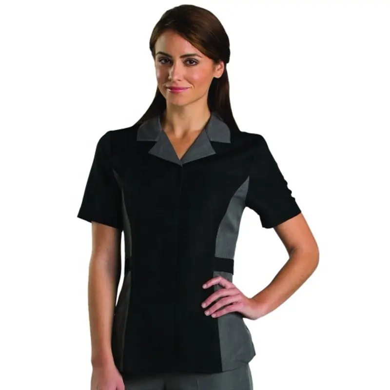 Camisa de poliéster con cremallera para el trabajo, uniforme de trabajo para Hotel, con dos bolsillos delanteros profundos, acabado antiestático, 100%