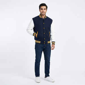 FINER THREADS Custom Logo Wool Embroidery <b>Baseball</b> Varsity <b>Jacket</b> <b>Men's</b> Stand Collar Breathable Winter Covered Button Casual - Product Image 1