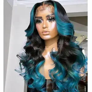 Highlight Blue Colored 13x4 Body Wave Lace Front Wigs For Human Women Hair Wigs PrePlucked Brazilian Remy Wavy With Baby Hair