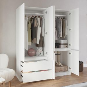 Tủ quần áo có ngăn kéo và cửa ra vào, tủ quần áo bằng gỗ phòng ngủ màu trắng có kệ và thanh treo - Product Image 2