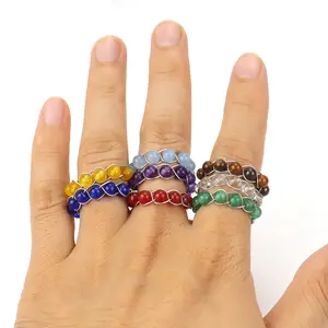 Penyembuhan cincin kristal batu permata cincin dapat disesuaikan batu bulat paduan dibungkus batu alam manik-manik cincin perhiasan untuk wanita