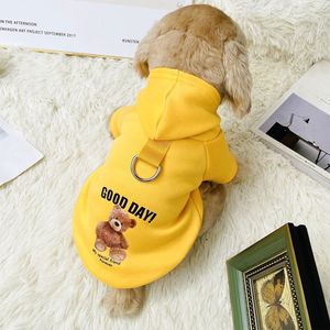 Sweat-shirt à capuche pour chien, jaune, imprimé ours mignon, en polaire, avec anneau de laisse, pour l'automne et l'hiver - Product Image 1