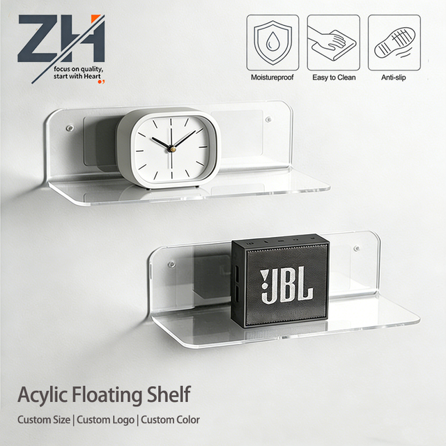 Transparent Wall-mounted Clock Speaker Acrylic Floating Shelves with Cable Clips for Bedroom Bathroom Gaming Room Living Room