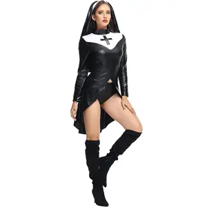 Gothic Nun Kostuum Vrouwen Zus Cosplay Kostuum Pu Carnaval Halloween Dame Middeleeuwse Non Gewoonte Kostuum