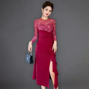 ZYHT 50606 2024 Spring Round Neck Colored Rhinestone Fit and Flare Dress Women's Lace Ruffled High Slit Dress