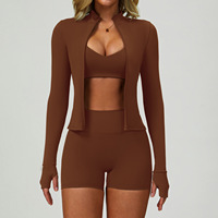 Ensemble de sport 4 pièces respirant avec logo personnalisé : veste, short taille haute, leggings pour femme – Idéal pour l'entraînement et la gym