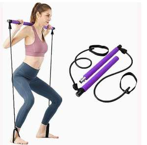 CZFIT Adjustable Metal Yoga Pilates Exercise Stick Bar 2 Section Kit with Elastic Resistance <b>Band</b> for <b>Workout</b> - Product Image 5