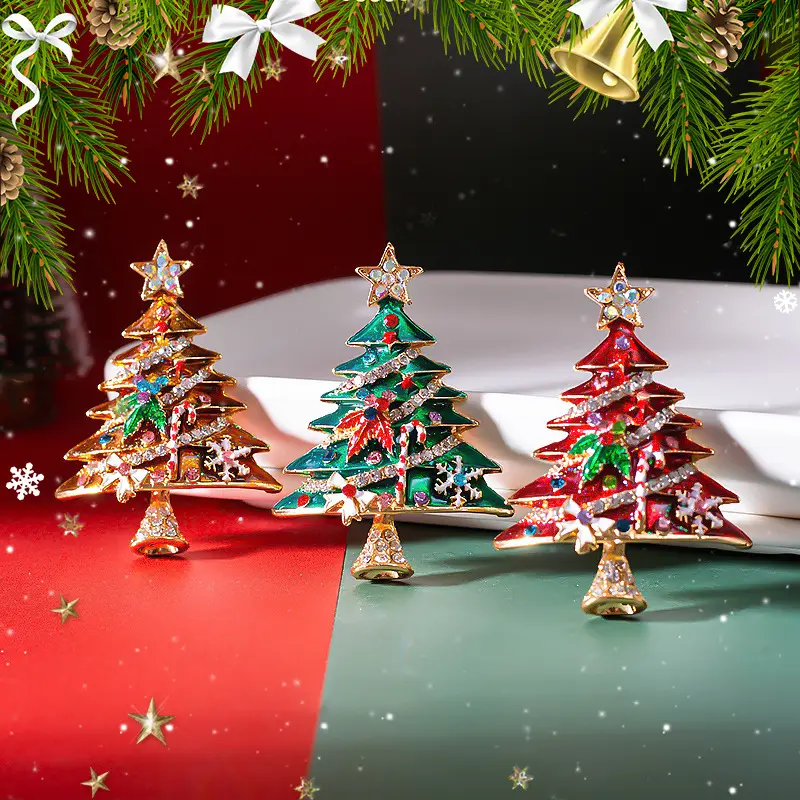 निर्माता लक्जरी धातु मीरा क्रिसमस उपहार पेड़ हिमपात का एक खंड कस्टम तामचीनी स्फटिक हीरा कपड़े अंचल पिंस महिला ब्रोच
