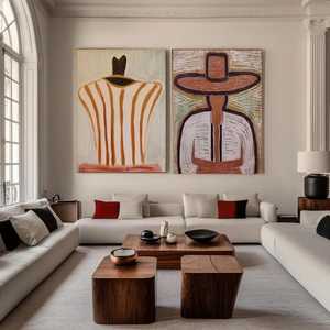 OEM ODM Ensemble de 2 figurines en acrylique, Peintures abstraites de cow-boy du Far West, Art mural vintage de couple sans visage, Décoration sur toile texturée - Product Image 5