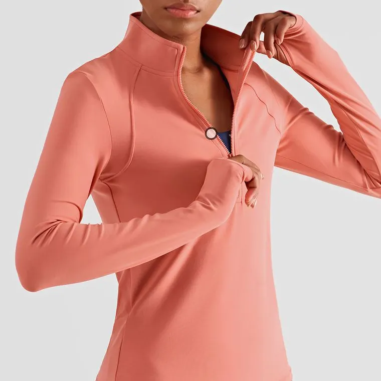 Women's 1/2 Zip Long Sleeve Yoga Sports Workout Coat Jacket with Thumb Holes Fitness Running Tops Clothing Gym Sportswear