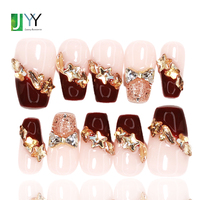 Ongles à presser en gel acrylique 3D faits main de luxe, faux ongles rouges français 3D faits à la main, vente en gros, mode diamant, lot de 10 pièces pour fille