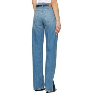 Jean droit décontracté en denim bleu délavé pour femme, taille haute, effet usé, très tendance - Product Image 3