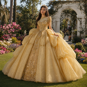 Robe de bal de Quinceañera de luxe Mc029 en tulle doré, longueur ras du sol, richement perlée et scintillante, avec traîne chapelle, volants latéraux drapés et dos en dentelle - Product Image 1