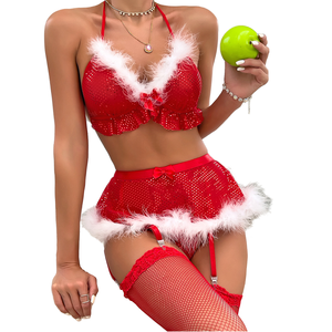 ชุดชั้นในคริสต์มาสสำหรับผู้หญิง ชุดบอดี้สูทผ้าตาข่ายซีทรูแต่งขนสุดเซ็กซี่ พร้อมกระโปรง ชุดชั้นในเท็ดดี้สองชิ้น - Product Image 1