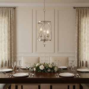 Lampadario a 3 Luci con Cilindri Geometrici, Finitura Nichel Spazzolato/Cromo, Lampada a Sospensione con Dettagli in Cristallo - Product Image 1