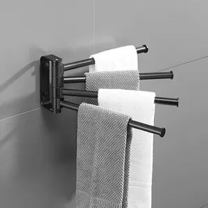Aluminum Alloy Black Rotating Towel Bar With 4 Bars Swing Arm Towel Rail Rotatable Towel Holder