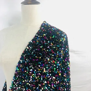 Tela de terciopelo con lentejuelas para vestido, tela textil con bordado transparente rojo, 100% poliéster, tela de lentejuelas de Metal estampada