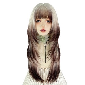 Perruque longue et droite dégradée blond platine avec frange latérale, ligne de cheveux naturelle, Lace Front, fibre Kanekalon, pour femme, tête entière - Product Image 1
