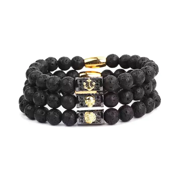Bracelet en pierre de lave naturelle pour homme, breloque d'ancre de Lion, Logo personnalisé, perle élastique, JBS10934