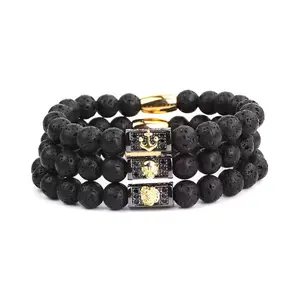 High Quality Natural Lava Stone Skull Lion Anchor Charm Custom Logo Elastic Bead Men Bracelet JBS10934