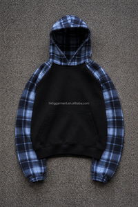 Hoodie décontracté streetwear personnalisé pour homme et femme, effet délavé, patchwork à carreaux, manches contrastantes - Product Image 2