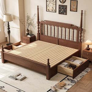 French Retro Solid Wood <b>Bed</b> <b>Double</b> Storage Master Bedroom Beaded <b>Bed</b> Simple Luxurious - Product Image 2