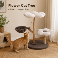 Arbre à chat en bois massif et lin avec plateformes en peluche en forme de fleur et poteau à gratter en corde de jute pour chats