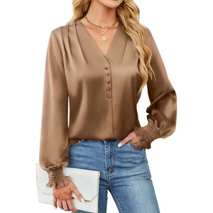 Women's Satin Long Sleeve <b>Blouse</b> V Neck Button Down Elegant Business Casual Top - Product Image 1