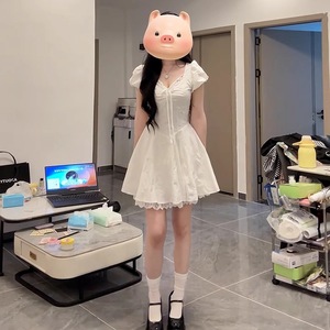 French Style White Lace Patchwork Dress Puff Sleeves Sweetheart Neck Tight Waist Casual Daily Wear - Product Image 4
