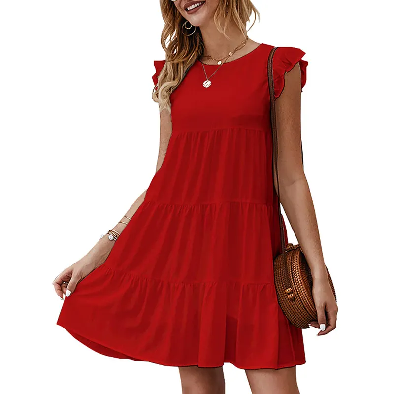 Womens Sleeveless Ruffle Sleeve Dress Crew Neck Solid Color Loose Fit Mini Party Dress Pleated Short Dresses