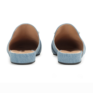 Close Square <b>Toe</b> Denim Upper With Crystal Buckle Decoration Flats Mules Ladies Women's Slide Diamond Slipper Sandals - Product Image 4