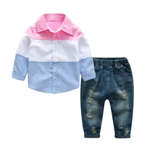 Spring Autumn Casual Wholesale Kids Wear Children's Clothing T-shirts Boys Clothing Sets Ripped Denim Suit Baby Boys Jeans Pant