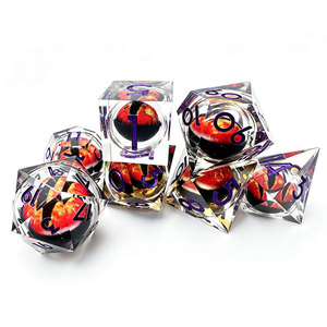 <b>7</b>-Piece Sharp Edge Resin Liquid Core Floating <b>Fire</b> Dragon Eye DND Polyhedral Dice Set With Purple Numbers For Tabletop RPG - Product Image 5