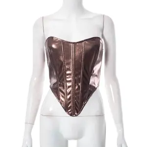 Best Selling Women Tank Top Metallic Street Tops Sexy Base Layer Shirts Wholesale Silver Bustier Top