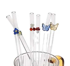 Reusable Borosilicate Butterfly Mushroom Glass Drinking Straws High temperature resistance Clear Colored Bent Cocktail Straw