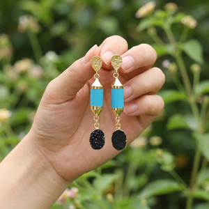 Black Sugar Druzy & Blue Turquoise 18K Gold Plated Brass <b>Drop</b> Earrings Neo-Gothic Statement Jewelry for Women - Product Image 4