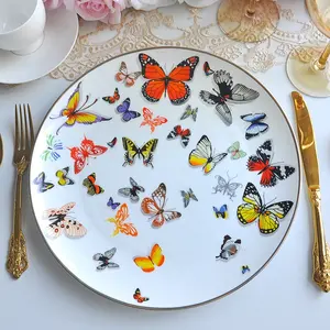 Colored Dinner Plate Butterfly Bone China Dinnerware Gold Ceramic Charger Plates For Wedding