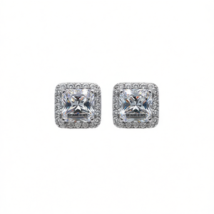 Orecchini a perno con zirconi taglio Princess Squarellus, montatura pavé in oro bianco, gioielli geometrici classici unisex per feste - Product Image 1