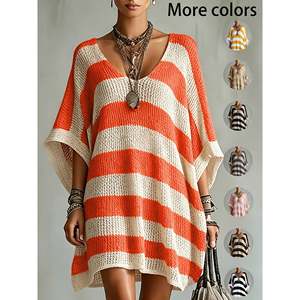 เดรสไหมพรมลายทางทรงปีกค้างคาวสีชมพูสำหรับผู้หญิง - Product Image 3