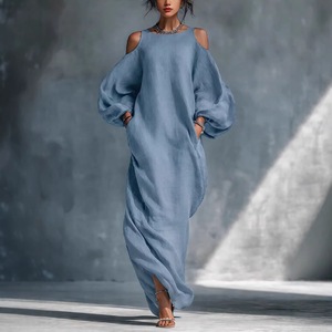 <span class=keywords><strong>Robe</strong></span> décontractée <span class=keywords><strong>longue</strong></span> à manches longues et épaules dénudées, coupe trapèze ample, tissée, taille mi-haute, pour femme, collection Printemps-Été 2026, style européen et américain - Product Image 3