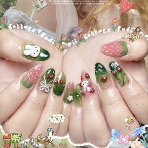 Faux ongles à presser Kawaii Lapin & Fraise, Ombré Vert avec accents floraux et nœuds, en acrylique forme amande pour usage quotidien - Product Image 1