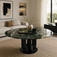 Table à manger ronde moderne sur mesure en marbre vert avocat avec plateau tournant, base en métal noir, pour villa de luxe et restaurant