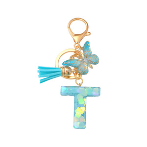 Llavero <span class=keywords><strong>de</strong></span> Resina Brillante con Letra Inicial, Dije <span class=keywords><strong>de</strong></span> Mariposa, Borla Turquesa, Letras <span class=keywords><strong>de</strong></span> la A a la Z en Resina - Product Image 4
