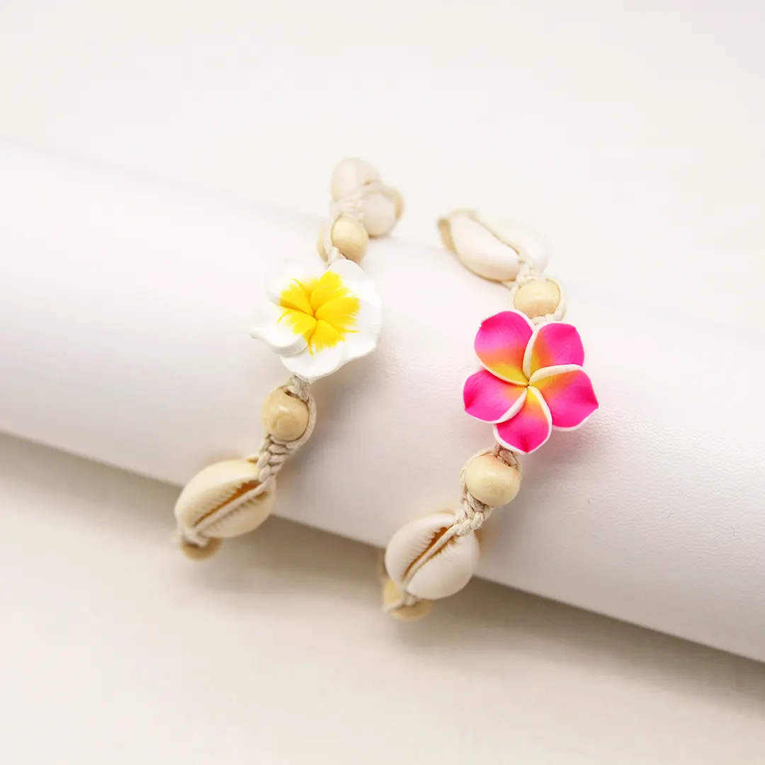 Bohe shell anklet Wax rope woven sea shell foot decoration Hawaii Beach polymer clay flower ankle bracelets for womenmen
