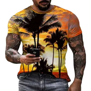 Coconut Tree Pattern Digital Printed Hawaii T-shirts Oversized Men's Round Neck T-shirt