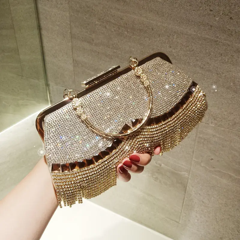 Hot sale crystal tassels bling diamond women handbags ladies shoulder rhinestone evening bag clutch purse